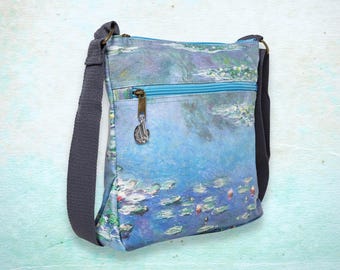 Monet Water Lilies Cross Body Messenger Bag: Personalised Art Lover Gift, Artist Sling Bag, Art Teacher Present