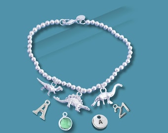 Beaded Dinosaur Charm Bracelet: Sterling Silver T-Rex Jewellery with Personalisation Options