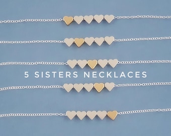 5 Sisters Hearts Necklaces: Handmade Silver and Gold Hearts Keepsake Gift for Five Daughters, 5 Grandchildren Present