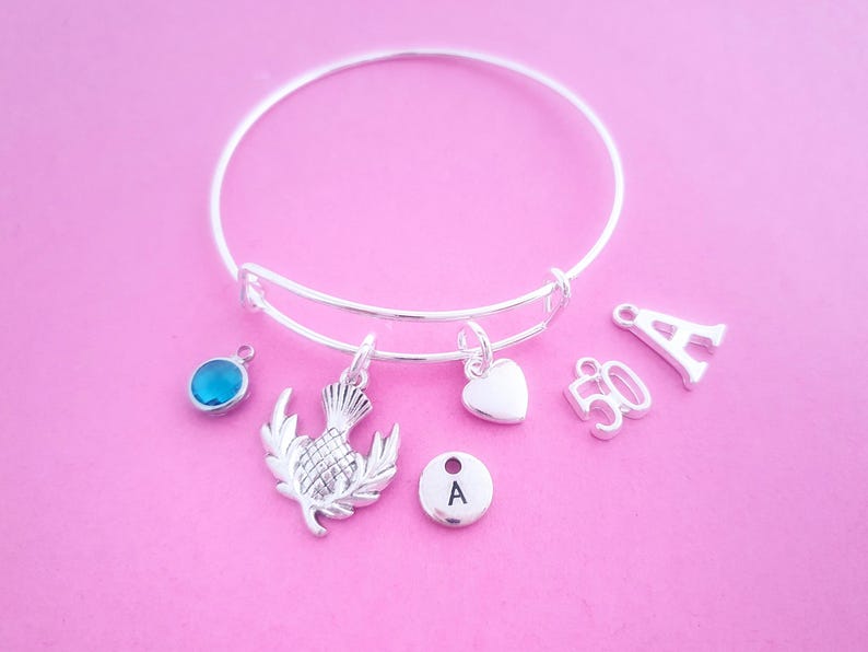 Scottish Thistle Bangle: Silver Plated Scotland Gift, Personalised Charm Bracelet image 15