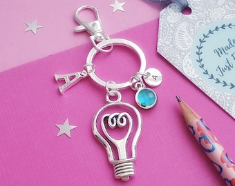 Personalised Lightbulb Keychain: Initial Birthstone Charm Options, Inspiration Gift