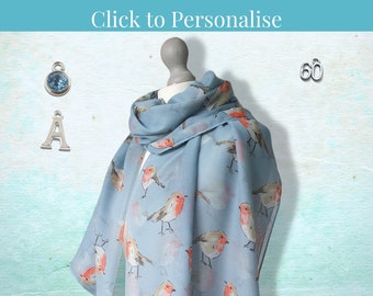 Robin Print Ladies Scarf, Winter Theme Accessories, Robin Gifts, Personalised Last Minute Gift for Mum or Gran, Fast Shipping