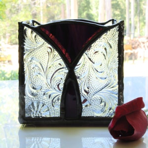 Stained Glass Candle Holder,  Deep Plum and Clear Florentine glass, pen holder