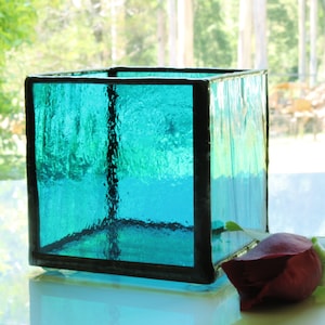 Tealight Candle Holder, Green and Aqua Streaky glass, Stained Glass Candle Holder
