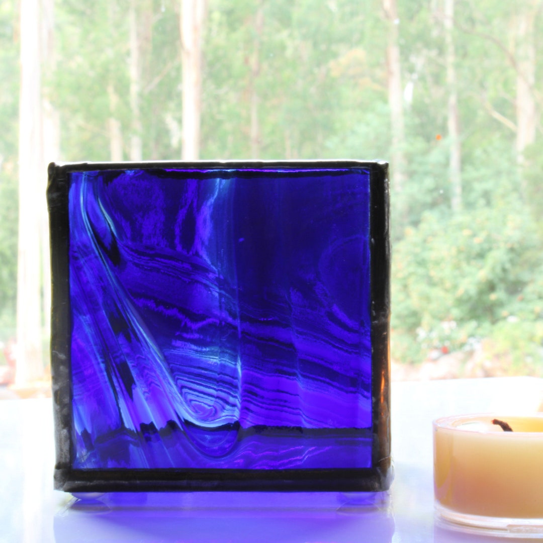 Tealight Candle Holder, Blue, White and Clear Baroque Glass, Stained