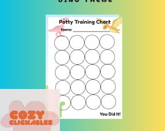 May include: A printable potty training chart with a dinosaur theme. The chart has 25 circles to color in as a child progresses through potty training. The chart has the text "Potty Training Chart" and "You Did It!"