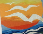 Flying In The Sunset. Large Swedish handwoven pictorial flemish weaving, wool tapestry picture modern wall art wall hanging. Wool work