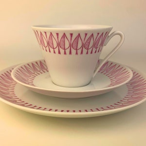 Karlskrona Upsala Ekeby: Exclusive Midcentury Swedish Teacup Trio Set Leaf Pattern, Vintage Scandinavian Design Collectible zdjęcie 2