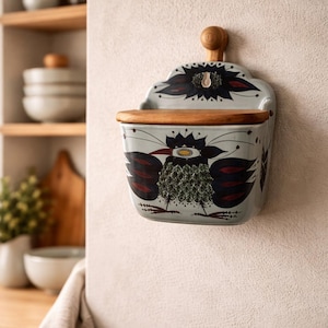 Puede incluir: Un salero de cerámica azul claro montado en la pared con tapa y asa de madera. La caja presenta un diseño de arte popular de un pájaro con detalles en rojo oscuro y negro. El utensilio de cocina está montado en una pared blanca texturizada.