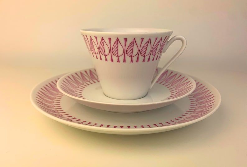 Karlskrona Upsala Ekeby: Exclusive Midcentury Swedish Teacup Trio Set Leaf Pattern, Vintage Scandinavian Design Collectible zdjęcie 2