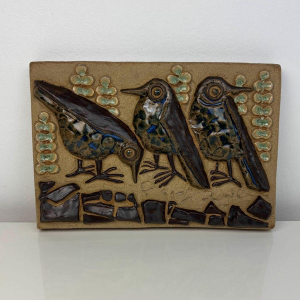 Vintage Michael Andersen Rare Ceramic Wall Plaque by Marianne Starck. Danish Mid Century Modern Bird Relief. Bornholm. 1960s