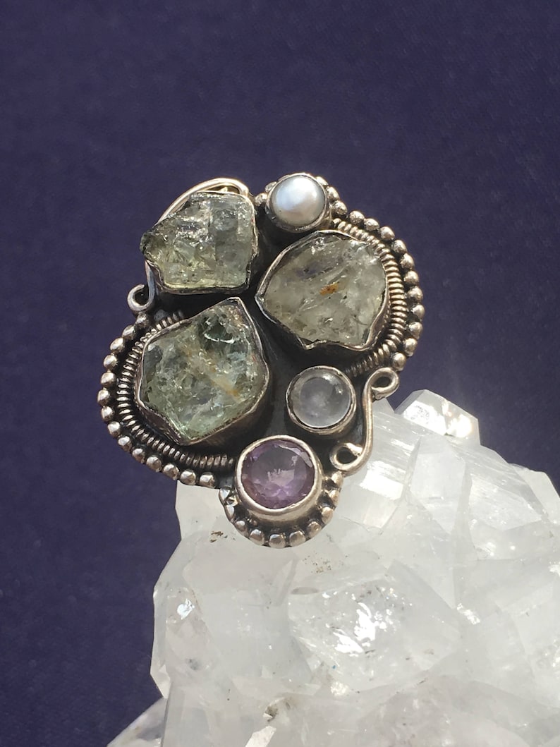 6 and Freshwater Pearl Handmade Boho 92.5 Silver Ring US Size Moonstone Amethyst Chrysoberyl