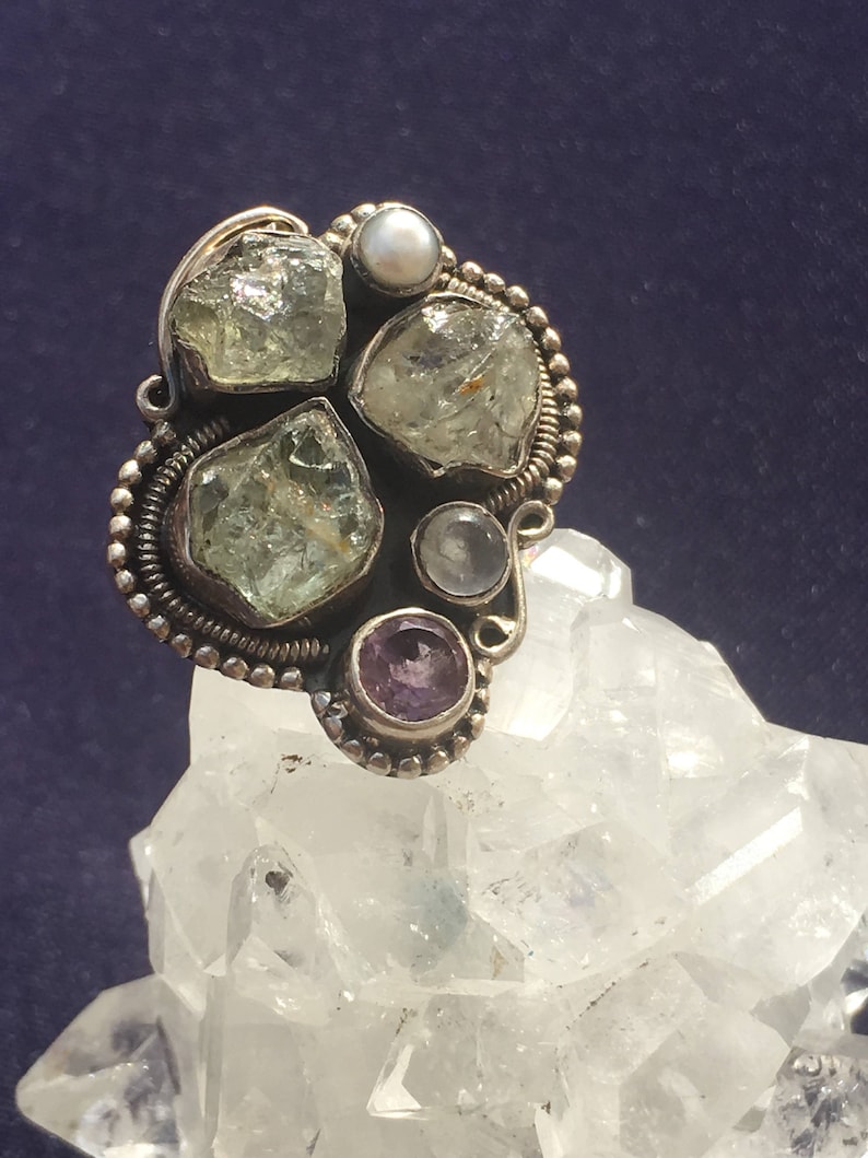 6 and Freshwater Pearl Handmade Boho 92.5 Silver Ring US Size Moonstone Amethyst Chrysoberyl