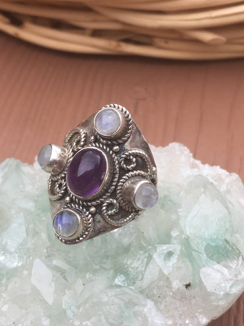 Amethyst and Moonstone Multi-Stone Silver Ring