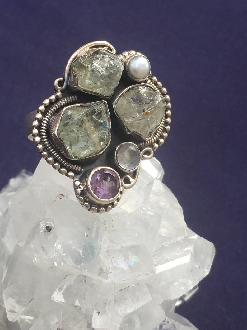 6 and Freshwater Pearl Handmade Boho 92.5 Silver Ring US Size Moonstone Amethyst Chrysoberyl