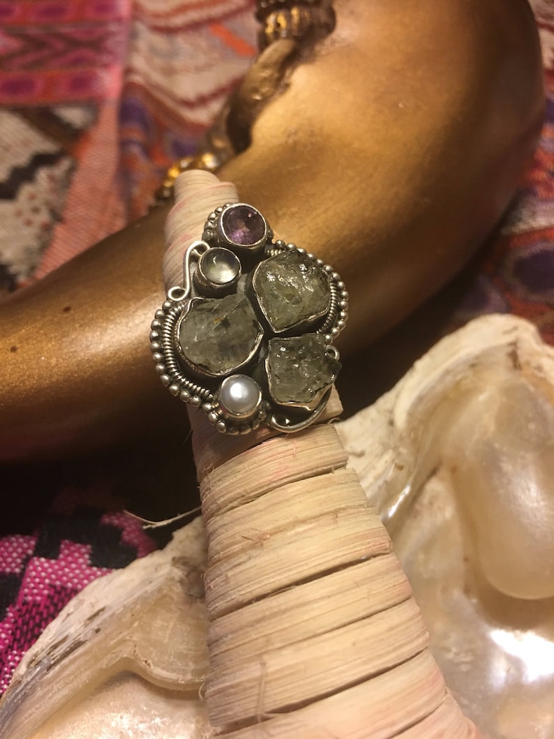 6 and Freshwater Pearl Handmade Boho 92.5 Silver Ring US Size Moonstone Amethyst Chrysoberyl