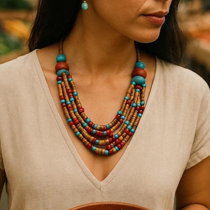 Southwestern 5 Strand Coral and Turquoise Necklace & Earring Set