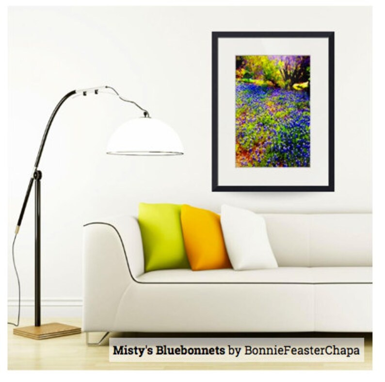May include: A framed photograph of a field of bluebonnets in bloom. The flowers are a vibrant blue and purple, and the background is a soft green and yellow. The image is titled "Misty's Bluebonnets by BonnieFeasterChapa".