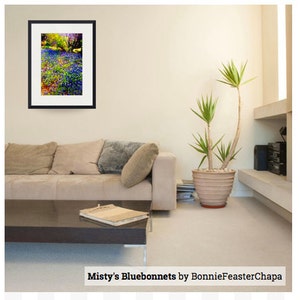 May include: A framed print of a colorful landscape painting featuring a field of bluebonnets. The painting is titled "Misty's Bluebonnets" by BonnieFeasterChapa.