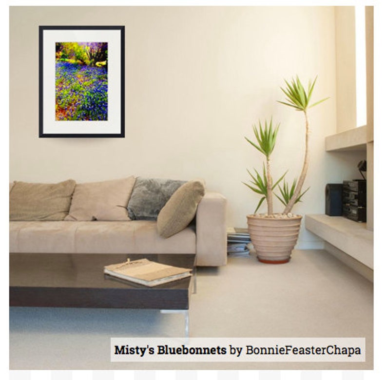 May include: A framed print of a colorful landscape painting featuring a field of bluebonnets. The painting is titled "Misty's Bluebonnets" by BonnieFeasterChapa.