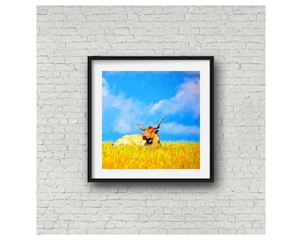 Longhorn Cow Art Print: Texas Landscape, Signed Giclee
