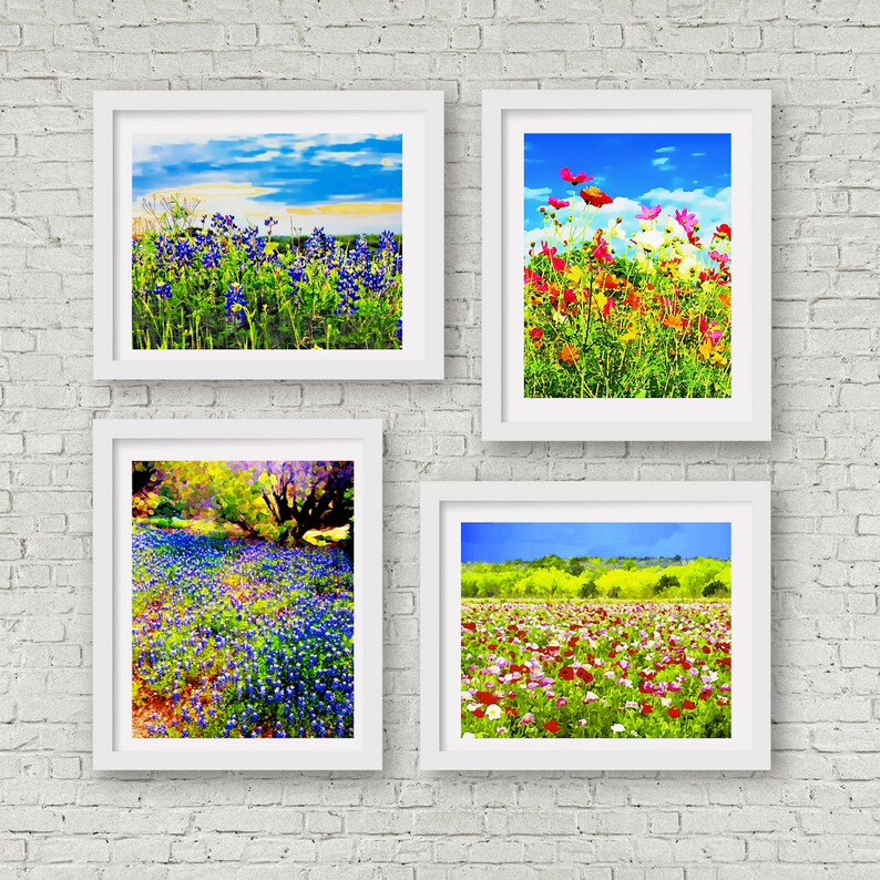 May include: Four white picture frames with different images of wildflowers. The top left frame shows a field of blue wildflowers. The top right frame shows a field of pink, red, and yellow wildflowers. The bottom left frame shows a field of blue wildflowers with a tree in the background. The bottom right frame shows a field of pink and red wildflowers with a green forest in the background.