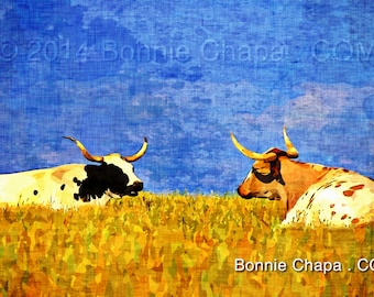 Longhorns Cows Pasture Blue Sky Gossip Texas Landscape Art Giclee Print