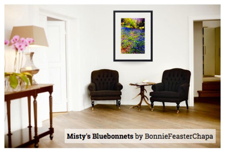 May include: A framed print of a painting depicting a field of bluebonnets in a misty setting. The painting is titled "Misty's Bluebonnets by BonnieFeasterChapa".