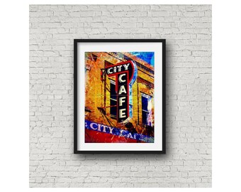 Retro Cafe Sign Wall Art Texas City Downtown Vintage Street Landscape Giclee Print