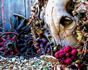 Cow Skull Wagon Wheel Wreath Barn Wood Texas Wall Art Giclee Print