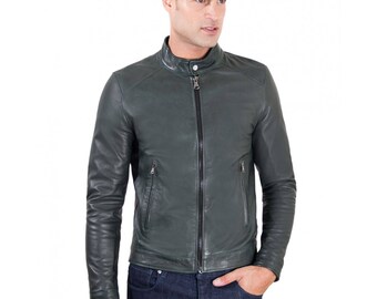 Motard De En Vintage Etsy Cuir Col Veste Lisse Homme Vert Mao wIBTWq4x