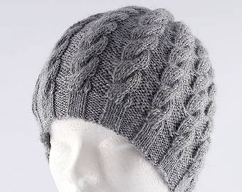 Hand made knitted hat with cables, grey wool hat, woman hat, beret, wool hat, gift for woman, gift for girl, knitwear.
