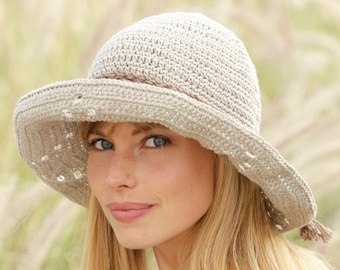 Cotton hat, linen hat, spring summer hat, cotton, beach hat, crocheted hat, 100% HAND MADE