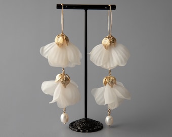 Bridal earrings silk flower and wedding earrings. Floral wedding earrings and pearl earrings. Statement bridal earrings. Earrings  ALICE