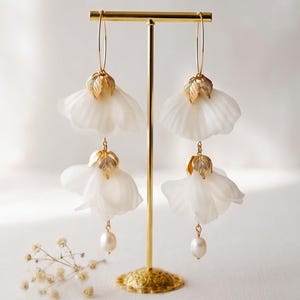 Floral Bridal Earrings, Handmade Silk Flower Pearl Statement Hoops, Boho Drop Wedding Jewelry Alice