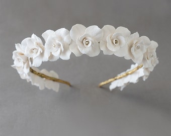 Floral handmade headpiece and bridal hair accessories. White or Ivory floral bridal Headband. Boho flower bride headband ROSETTE Headpiece.