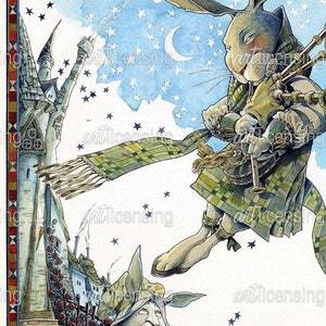 May include: A watercolor painting of a rabbit playing the bagpipes in the sky. The rabbit is wearing a kilt and has a green scarf. The rabbit is flying over a town with a castle in the background. There are stars in the sky.