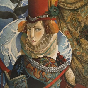 May include: A woman wearing a red hat with a feather and a pearl necklace, holding a book titled "Whale Watching". The background features a blue and white wave pattern and a floral design.