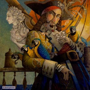 May include: A painting of a pirate with a red bandana, a gold and brown jacket, and a black hat. He is holding a pipe in his mouth and has two blue and yellow parrots on his shoulder. The pirate is standing on a ship's deck with a white railing and a view of the ocean.