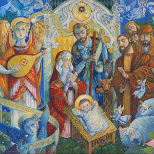 May include: A colorful painting depicting the Nativity scene with angels, shepherds, and animals. The baby Jesus is in a manger, surrounded by Mary and Joseph. The painting includes the text "For unto you is born this day in the city of David a Savior, which is Christ the Lord."