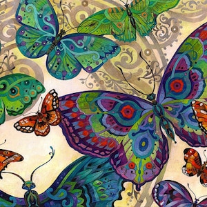 May include: A colorful painting of butterflies with intricate patterns and vibrant colors, including green, blue, purple, and orange. The butterflies are arranged in a whimsical design on a light background.