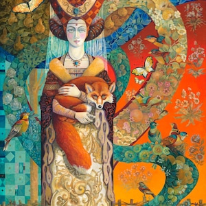 May include: A woman in a colorful, ornate gown holds a red fox in her arms. She wears a crown and a veil. The background is a vibrant mix of flowers, birds, and foliage.
