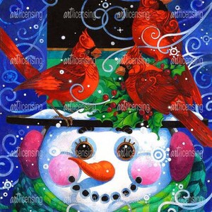 May include: A whimsical winter-themed painting featuring a snowman with a green scarf and a hat, adorned with three red cardinals. The background is a blend of blue and black with decorative swirls and white dots.