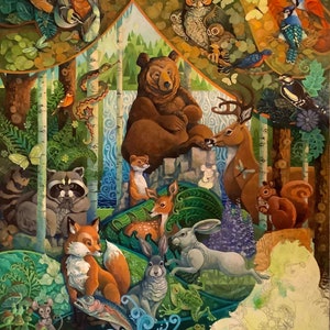 May include: A colorful painting depicting a woodland scene with a brown bear, a deer, a fox, a rabbit, a squirrel, a raccoon, and various birds. The animals are surrounded by lush greenery, flowers, and a stream.