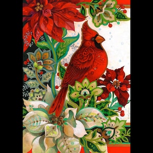 May include: A red cardinal bird perched on a branch of green and white floral design. The background is white with a subtle snow effect.