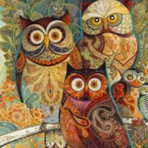 May include: A painting of four owls with colorful, intricate patterns. The owls are perched on a branch with a leafy background.