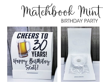 Adult Birthday Party Favors for Guys. Cheers to Beers Favor Tags for Men. 30th 40th 50th 60th 70th Vintage Matchbook Mints. Thank you favor.