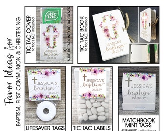 Girl Baptism Favors for Guests | Christening First Communion Favors | Tic Tac Holders | Lifesaver Mints Favor Tags | Thank you tags.