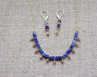 Lapis Bead Center Necklace With Gold Drops And Gold Chain, Matching Earrings, Delicate Jewelry, OOAK, Gemstone Jewelry, December Birthstone