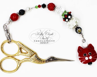 Red Cat Scissor Fob: Handmade Beaded Lanyard with Enamel Kitty Charm